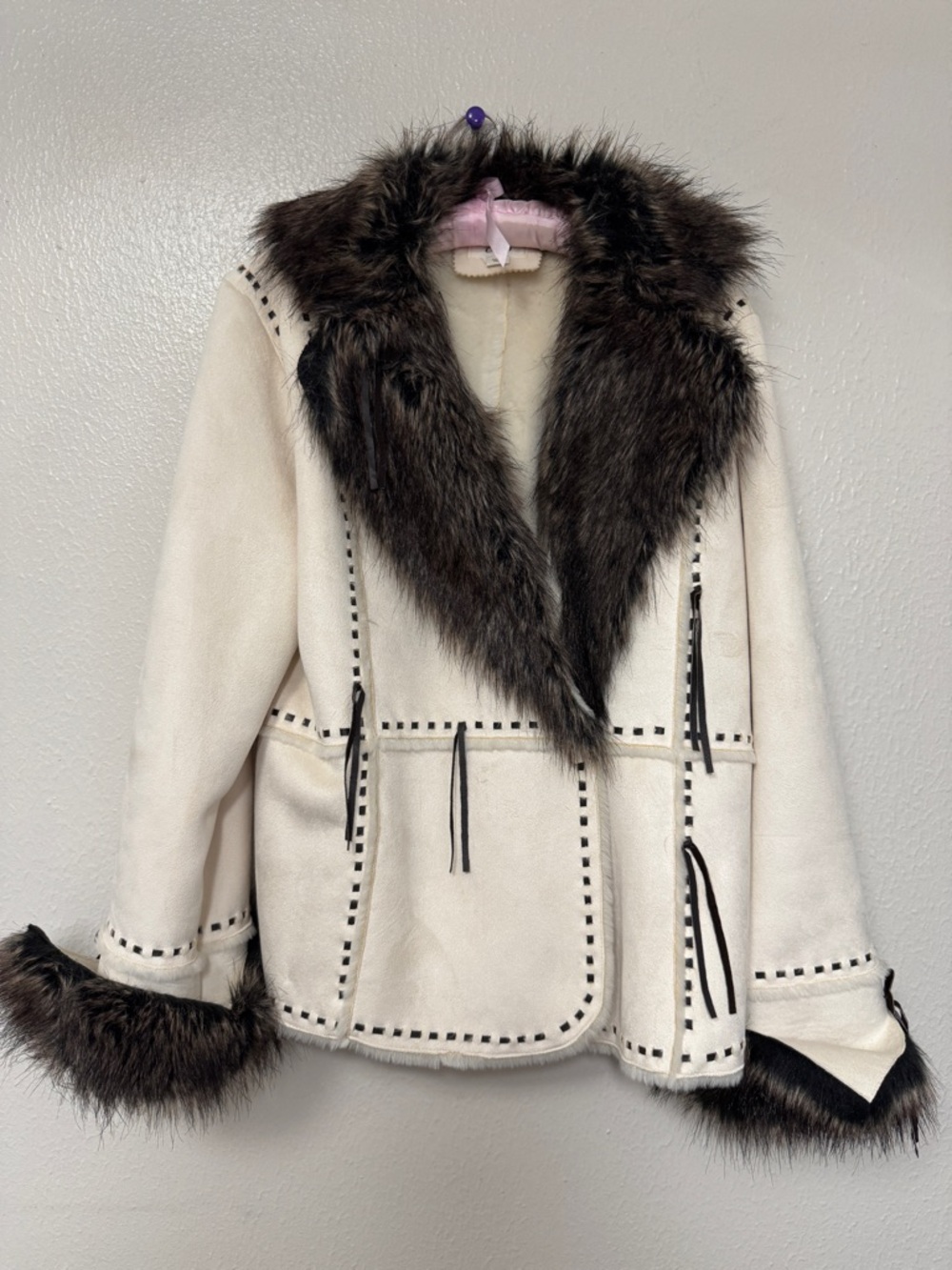 Cato Cream Teddy Jacket with Dark Brown Faux-Fur Trim